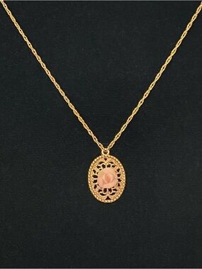 1928 Gold-Tone Filigree Pendant Necklace with Pink Rose